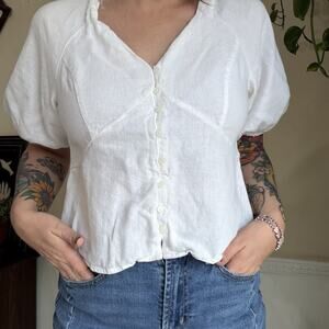 A New Day White Linen Blend Puff Sleeve Button Front V-Neck Blouse M